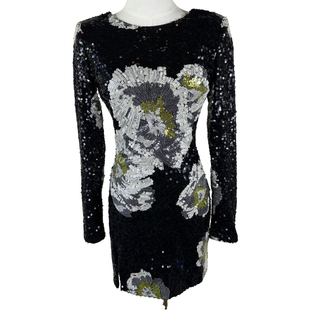 Dress The Population Dress XS Black Gold Sequin Floral Bodycon Mini Cocktail